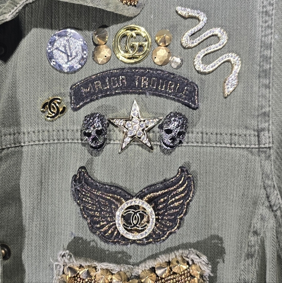 Military jacket size xl, designer inspired patchwork jacket, womens - Picture 5 of 11